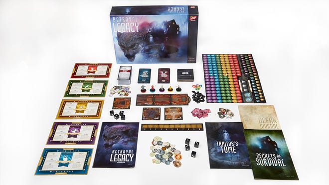 Betrayal Legacy board game box and components