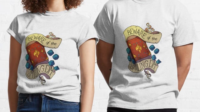 A t-shirt depicting the words of Beware the Smiling DM