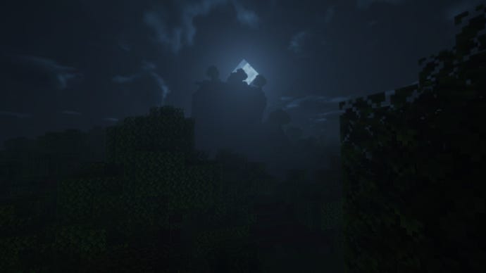 A nighttime scene in Minecraft, with the moon rising above the landscape.
