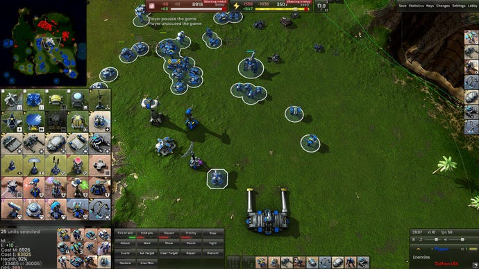 A screenshot from Beyond All Reason showing dozens of little blue mechs swarm to defend a bank of turrets on an elevated position on a grassy plain.