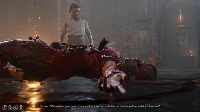 Edders Sheeran looks down at Alfira, a bard he's murdered without really knowing why or how in Baldur's Gate 3.