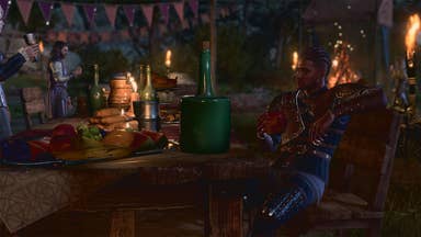 BG3 characters sit around the table at the epilogue party.