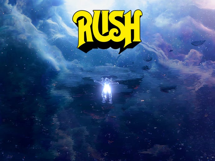 A crop of a love scene from Baldur's Gate 3 showing a skyscape full of purple clouds and stars, with a yellow logo for the band Rush stuck on the top of it