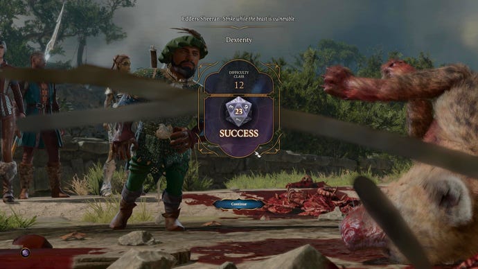 Edders Sheeran wins a skillcheck when dealing with a dead hyena in Baldur's Gate 3.