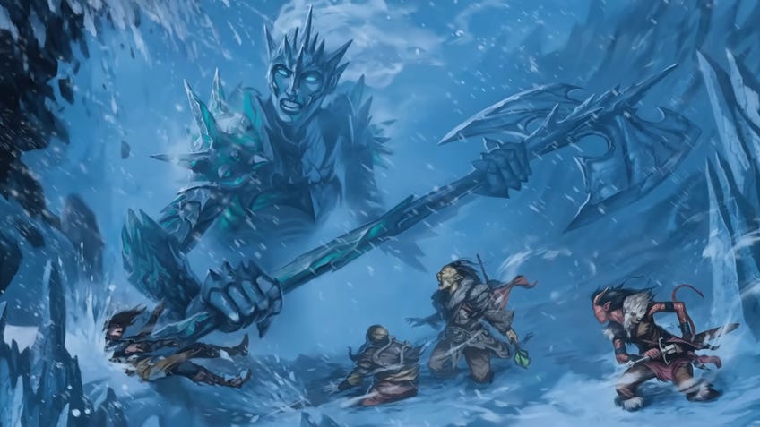 artwork of a frost giant fight from Bigby Presents: Glory of the Giants sourcebook