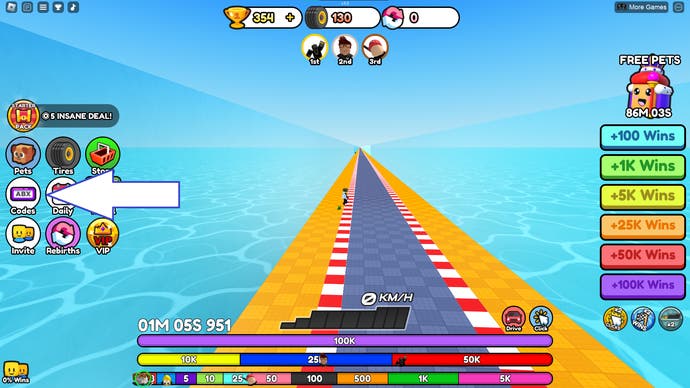 A screenshot of Bike Race Clicker in Roblox showing the game codes button.