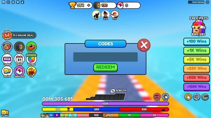 Ein Screenshot von Bike Race Clicker in Roblox, das das Menü Codes des Spiels zeigt