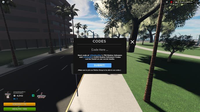 A screenshot of Bikelife Miami 2 in Roblox showing the game's codes menu.