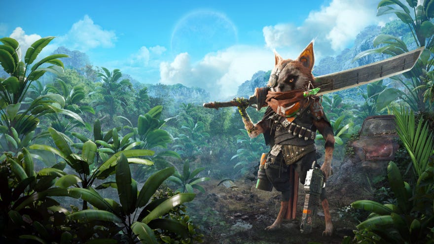 Promotional Biomutant art with the main character in the foreground holding a large blade, in front of a sprawling forest.