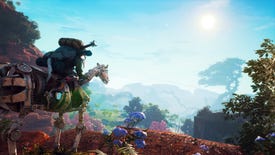 A Biomutant screenshot of the main character atop a mechanical steed on a cliff edge, looking down at the landscape below.
