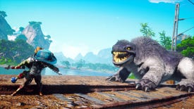 A Biomutant screenshot of the main character facing off against a large predator.