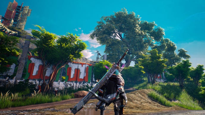A Biomutant screenshot of the main character looking up at the walls of a tribe outpost.