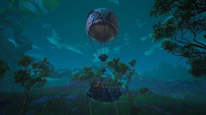 A Biomutant screenshot of a hot air balloon at night. These balloons mark the locations of Upgrade Benches scattered across the world.