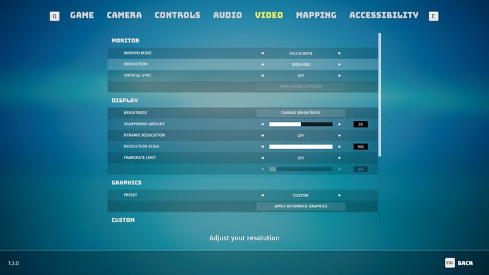 The graphics settings menu for Biomutant