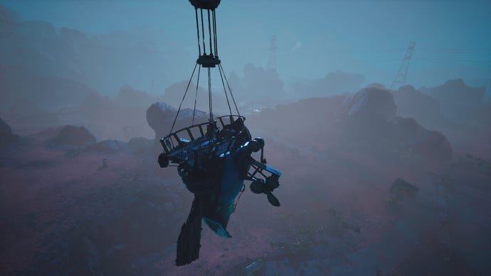 A Biomutant screenshot of the player piloting a Gullblimp across the Kluppy Dunes at night.