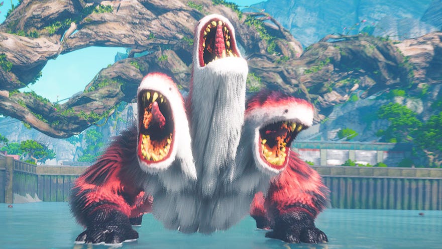 A Biomutant screenshot of the Porky Puff boss at the beginning of the boss fight, roaring at the player.