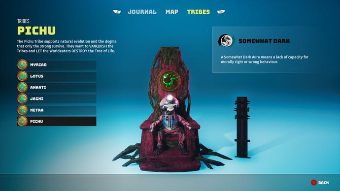 A Biomutant screenshot of the Tribes screen in the pause menu, showcasing the Pichu tribe.
