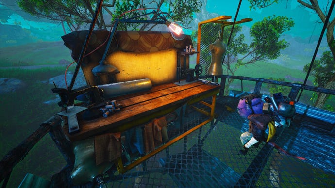 A Biomutant screenshot of the player standing next to an Upgrade Bench.
