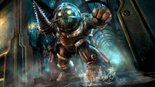 A menacing Big Daddy wields a drill-bit arm in the player's direction.