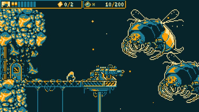 Biota - a small pixelated player in a yellow and navy 8 bit palette stands behind a large turret gun looking at two enormous bee enemies.