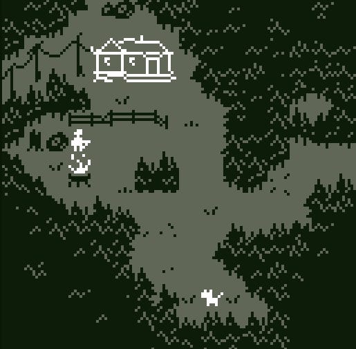 The player stumbles across a house in the forest in the Bitsy horror game In the pines, in the pines, where the sun never shines