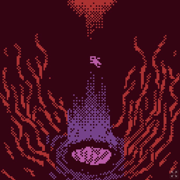 A small figure falls into a red and purple abyss in Vitreous