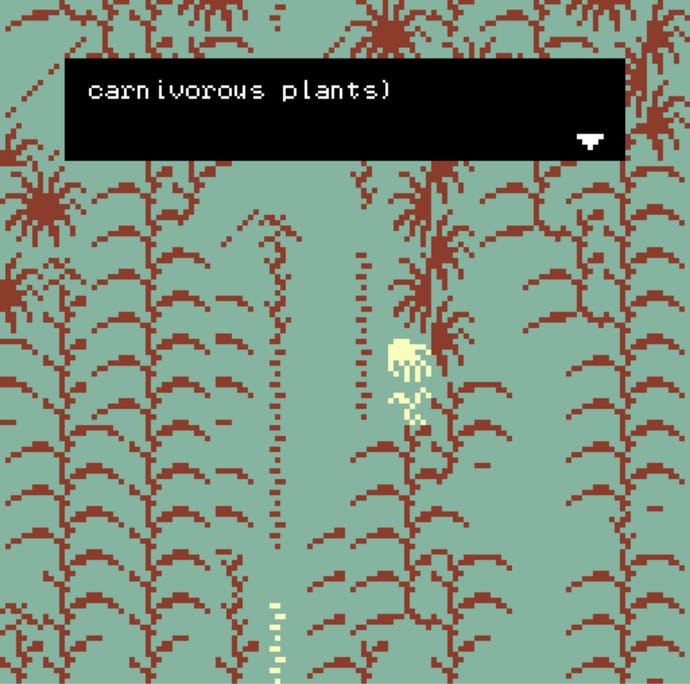 A small pixel character wanders a forest in "moss as texture folding in on itself"