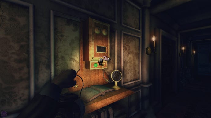 A sinister-looking telephone box in Amnesia: A Machine For Pigs, illuminated by the player's torch.