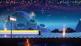 A small black pixel character runs across a finish line streaming a rainbow trail behind him in Bit.Trip ReRunner