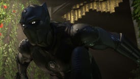 A trailer still from the Black Panther: War For Wakanda trailer showing Black Panther posing in front of a door.