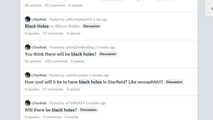 A screenshot of Reddit threads concerning the possibility of black holes in Starfield.
