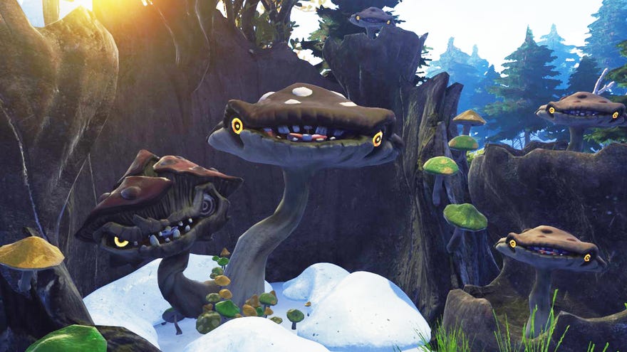 A many-headed cluster of giant mushrooms with faces, that look like snub-nosed snakes poking out of the ground, in the game Blacktail
