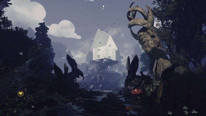 The player approaches a swamp in Blacktail, surrounded by weird twisted lumps of stone. In the centre of the swamp is a sort of ghost of a house held up by a twisted tree