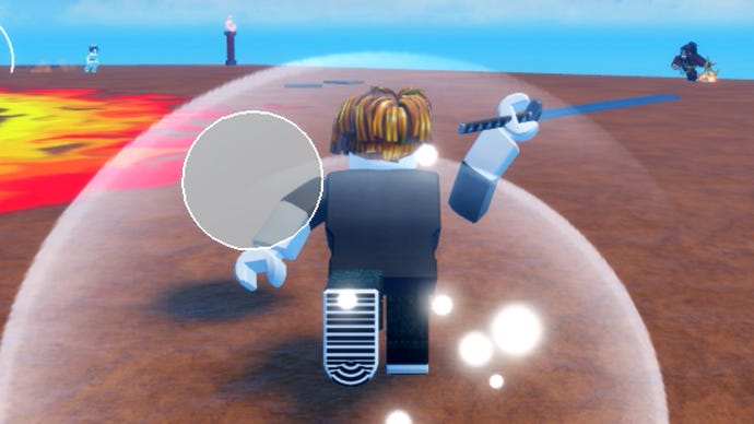 A Roblox character hits a flying ball with a sword, causing a glowing effect to appear on screen, in the popular game Blade Ball.