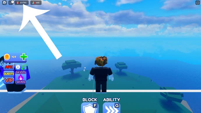 Arrow pointing at the button players need to press to head towards the codes screen in the Roblox game Blade Ball.