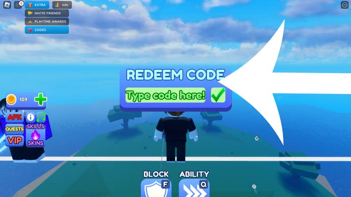 Arrow pointing at the codes menu in the Roblox game Blade Ball.
