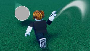 A Roblox character runs towards a flying ball that's locked onto them and swings their sword in the popular game Blade Ball.
