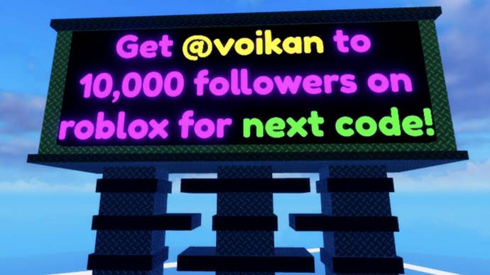 A sign in the popular Roblox game Blade Ball, showing the target goal for the next redemption code.