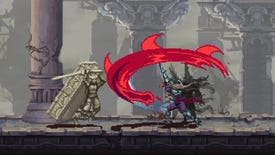 A close-up of an armoured warrior with a pointed hat slashing a sword at a stone monster in Blasphemous 2