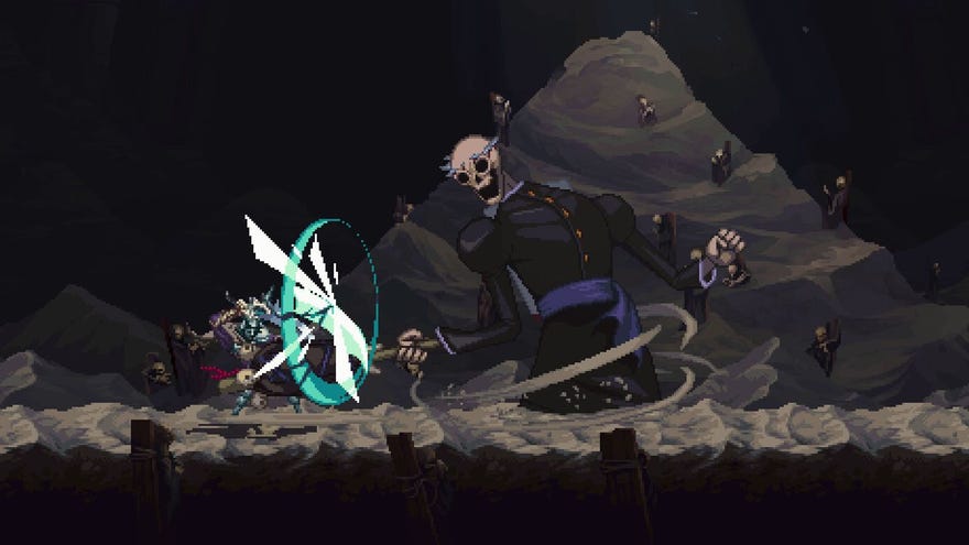 The Penitent One fights what appears to be a giant skeleton in a priest's robe in Blasphemous 2