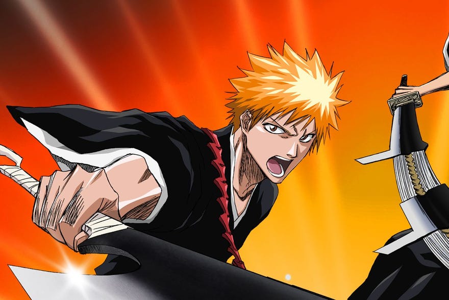 Imagen promocional de blanqueador recortado con personajes de pelo naranja que sostiene una espada