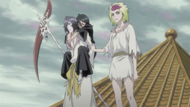 Three Bleach characters standing on a roof on a cloudy day