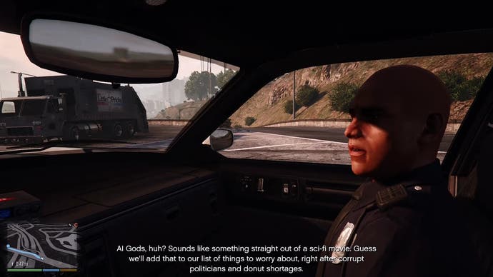 Chatting in a copcar in Bloc's AI GTA 5 mod