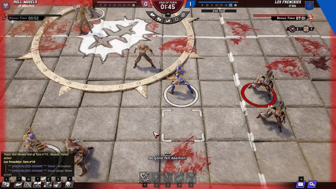 A close-up top down view of human characters in the Blood Bowl 3 closed beta