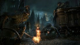 A Victorian-themed hunter does battle with a horrible dog monster in Bloodborne