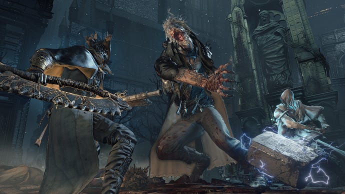 A warrior prepares to fight a large monster with their sword in Bloodborne