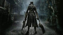 The famous Bloodborne promotional image of our hunter facing away from us with expandable cleaver in one hand, blunderbuss-style shotgun in the other, and a long travelling cloak on. The hunter faces a dark and misty city.
