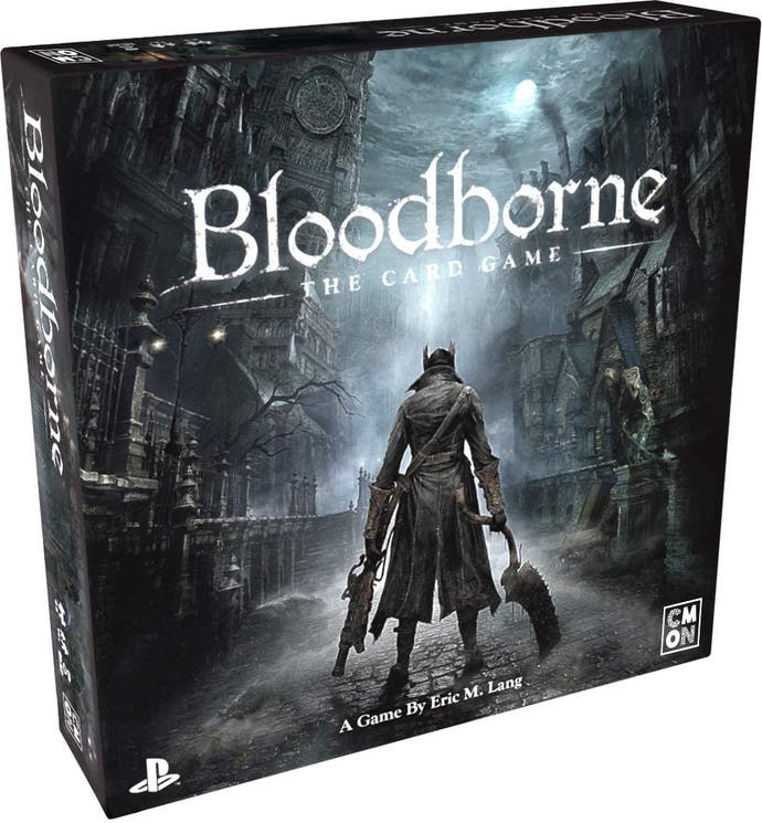 The Bloodborne card game box. It uses the same familiar artwork of the game - of a hunter facing a dark and misty city.