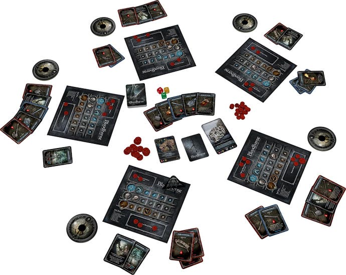 The contents of the Bloodborne card game laid out on a table.
