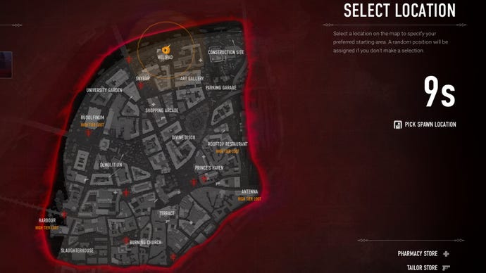 The spawn screen at the start of a match in Bloodhunt, where the player must pick where on the map to start the game.